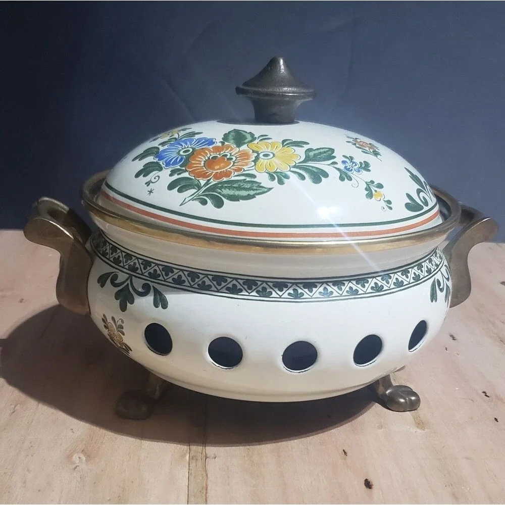 Vintage Fissler Asta Old Amsterdam Pattern Enamelware Warmer Brass Handles
